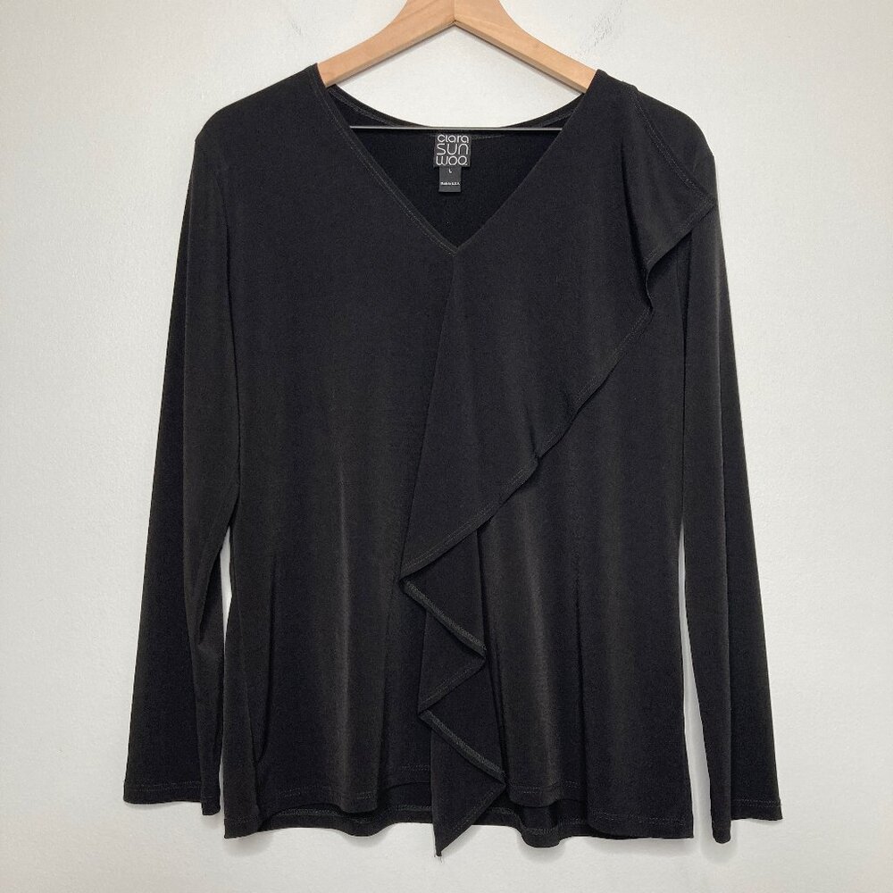 Clara Sun Woo Top Womens Large Black Cascade Ruffle Front Slinky Minimal Modern